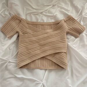 Aerie Tan Ribbed Off-Shoulder Crop Top